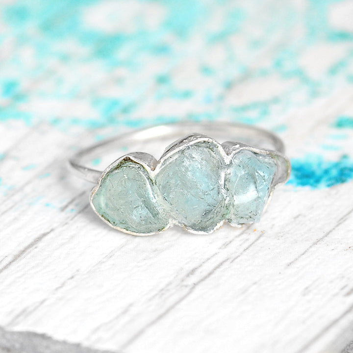Three Stone Raw Aquamarine Ring in Sterling Silver