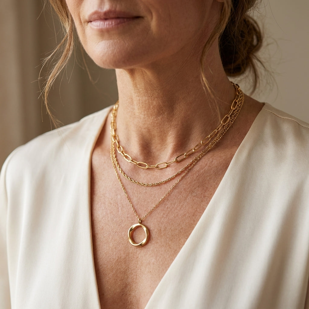 Collier multi-brins à maillons superposés avec pendentif circulaire en ton or