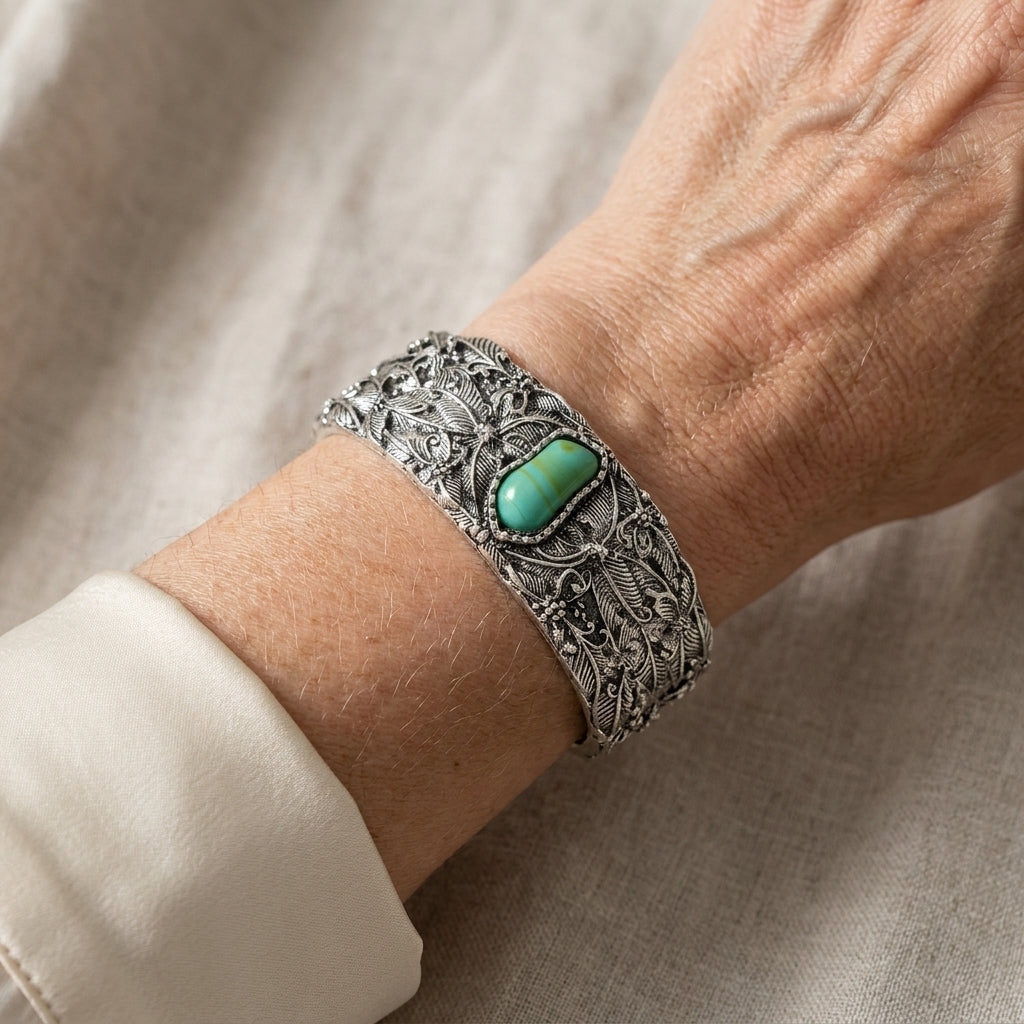 Bracelet jonc en argent vintage ajustable avec turquoise