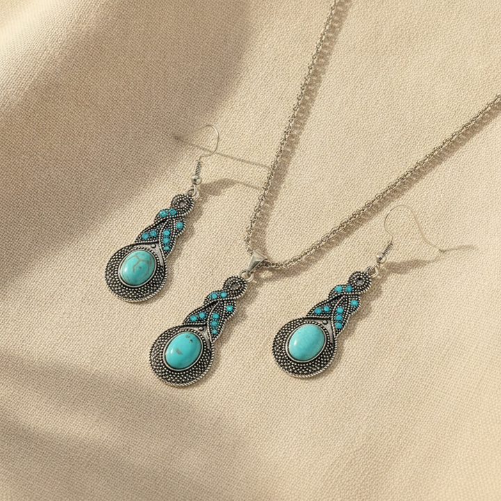 Ensemble de Bijoux en Turquoise - Collier en Argent Filigrané et Boucles d&