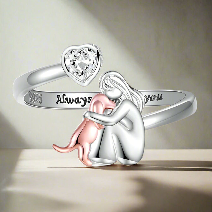 Bague Ajustable en Argent Sterling 925 pour Chien – "Toujours dans Mon Cœur" avec Zirconia
