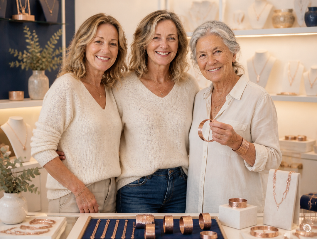 Ziva et Zora avec leur grand-mère dans la boutique